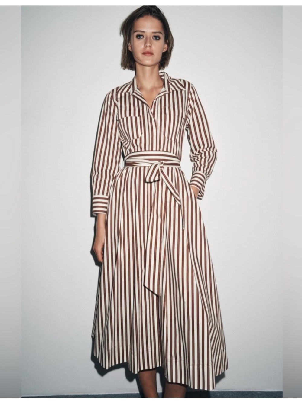 Zara Brown and White Vertical Stripe Midi Shirt Dress